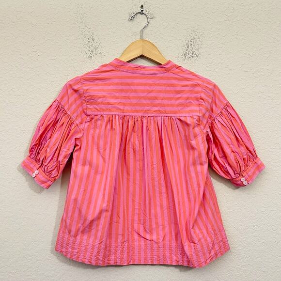 ANTHROPOLOGIE Darcey Top Pink Striped Popover Swing Puff Sleeve Blouse - Picture 2 of 9